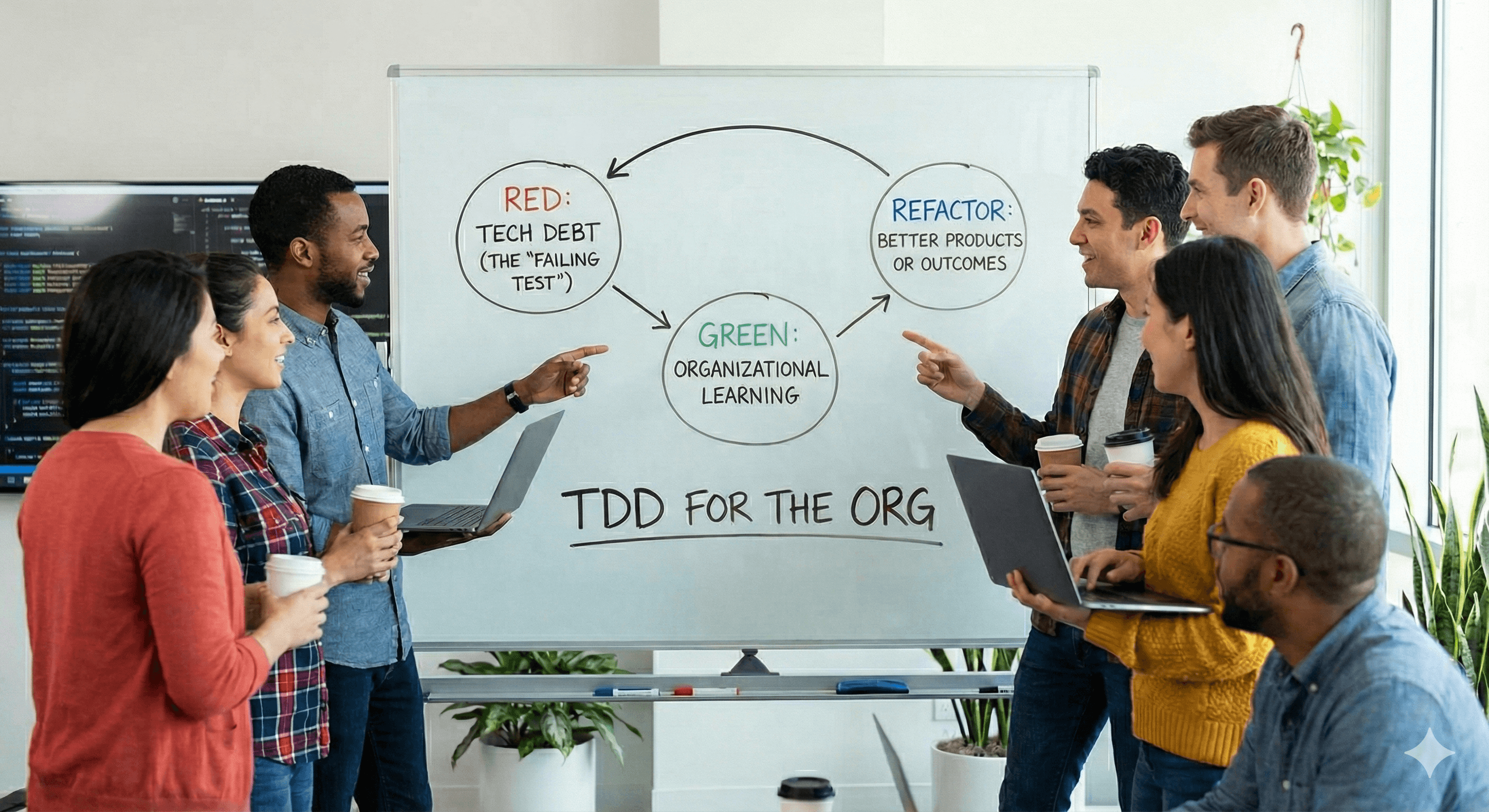 A diverse team of engineers in a modern conference room smiling and pointing at a diagram drawn on a glass wall. The diagram illustrates a continuous TDD cycle adapted for business strategy: 'RED: TECH DEBT' points to 'GREEN: ORGANIZATIONAL LEARNING,' which points to 'REFACTOR: BETTER OUTCOMES,' with a final arrow looping back to the start. The text 'TDD FOR THE ORG' is written prominently below the cycle. -- Generated by Google's Nano Banana Pro