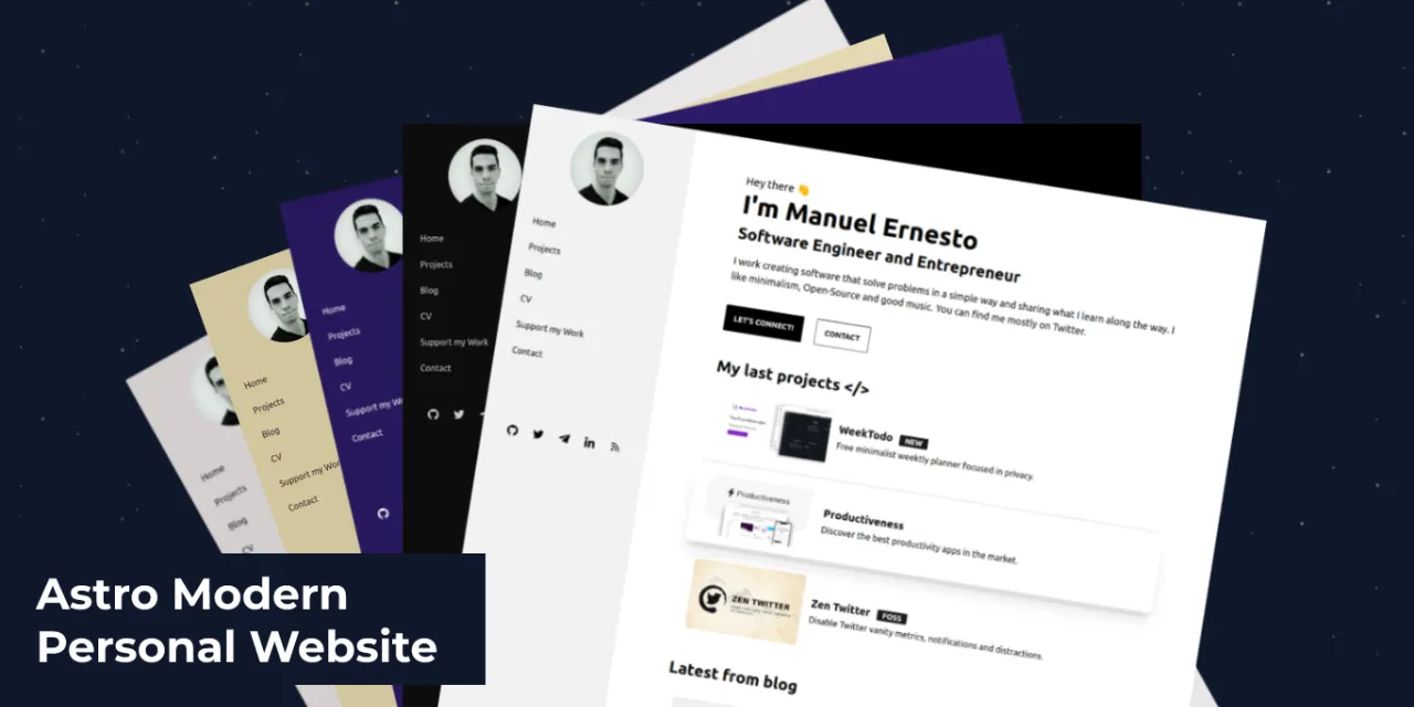 Astro Modern Personal Website template in multiple color themes fanned out.