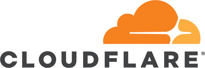 Cloudflare logo, orange cloud with a flare and grey lettered Cloudflare, all caps on white background